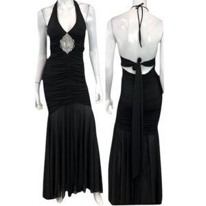 Cache Vintage Black maxi halter dress with silver metal accents